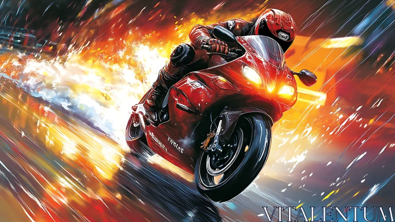 Red superbike racer slicing through neon storm streets.