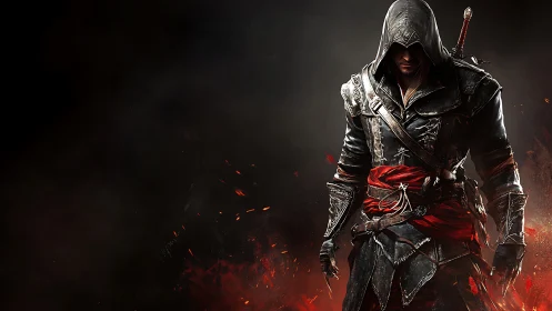 Hooded rogue in articulated leather armor amid ember-lit darkness