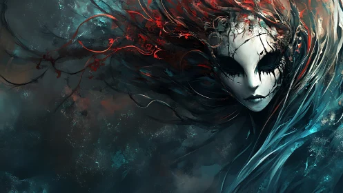Haunting masked spirit drifts within swirling red and teal storm