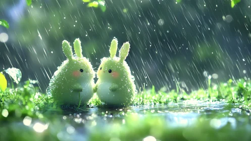 Soft bunny friends sharing a sparkling rainy day moment.