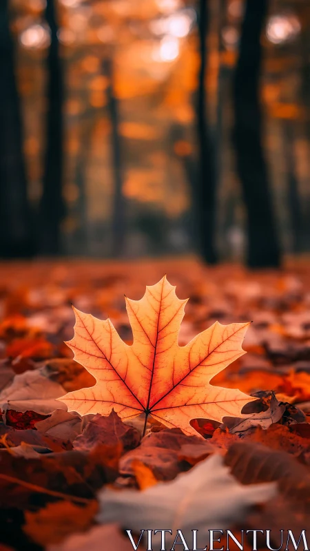 Solitary maple leaf glowing sharp amid blurred autumn woods.