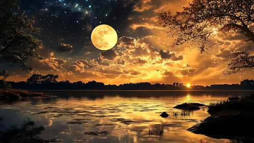 Luminous full moon over reflective lake at dual sunset horizon