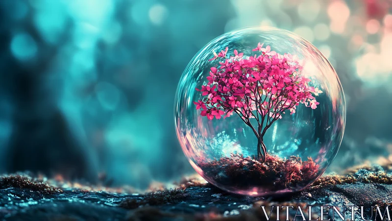 Miniature cherry tree glows inside crystal terrarium sphere.