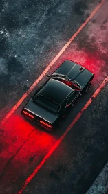 Midnight muscle car cruising through neon-lit asphalt lanes.