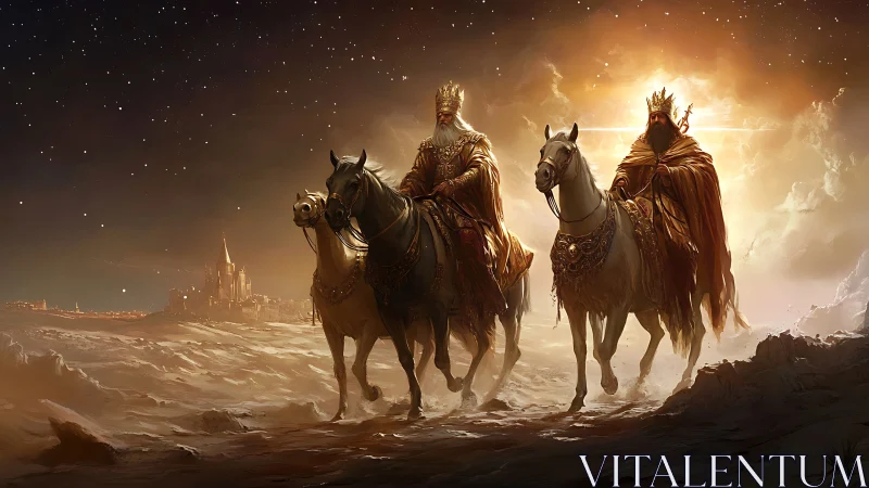 Three robed horsemen traverse a luminous desert landscape