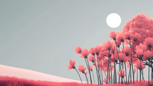 Minimalist pink meadow under high sun uses stylized contrast