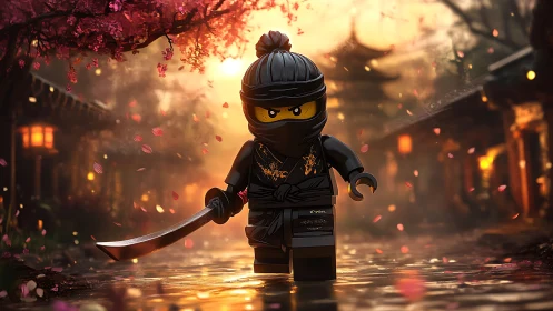 Toy ninja warrior strides through cherry blossom dusk.