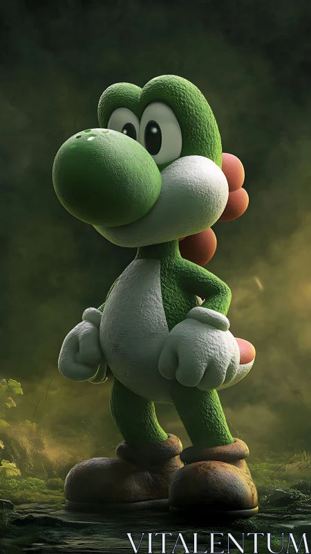 Green dinosaur character stands in textured forest clearing