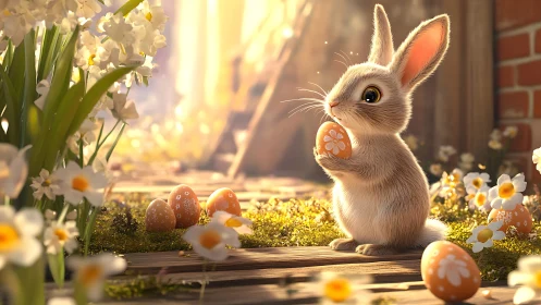 Adorable spring bunny cradles painted Easter egg gently.