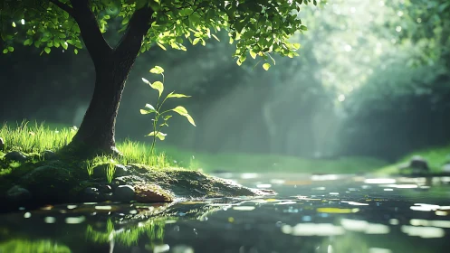 Sunlit sapling by tranquil forest stream in springtime.