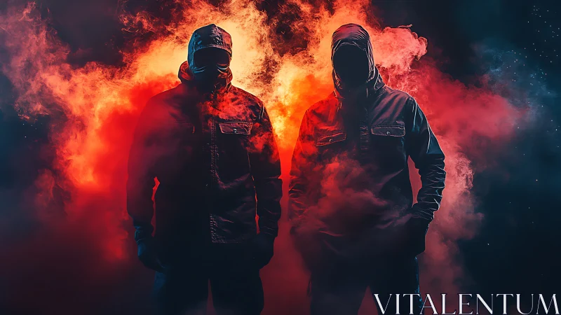 Mysterious hooded duo standing in glowing red smoke.