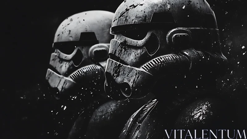 Armored sci-fi soldiers rendered in gritty monochrome close-up