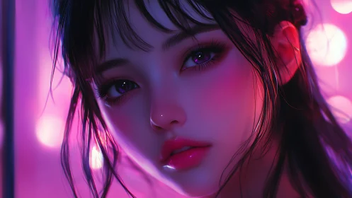 Neon-lit portrait of stylized woman with luminous magenta glow.