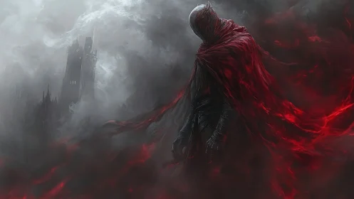Hooded wraith commands crimson storm over ruined citadel.
