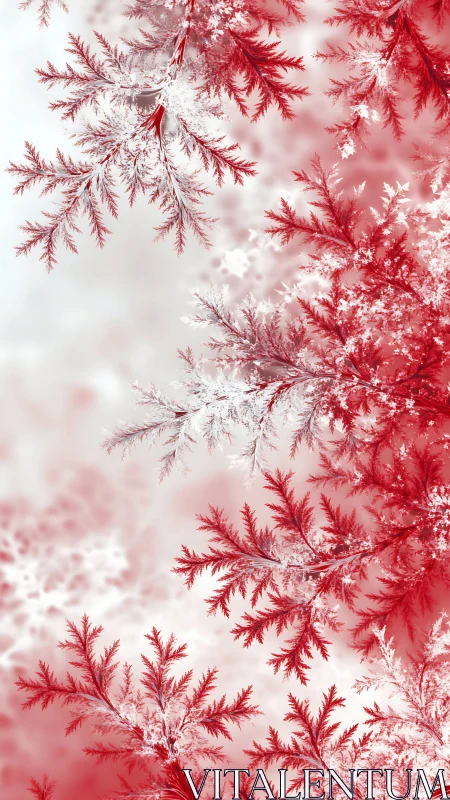 Crimson and white fractal foliage on soft winter haze.