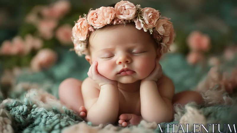 Peaceful Baby in Blossoms Wearing Floral Crown.