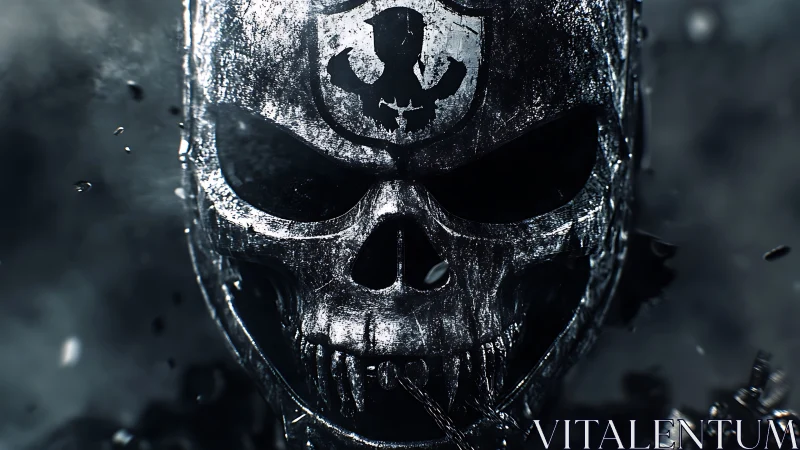 Weathered metal skull mask emerges from swirling debris.