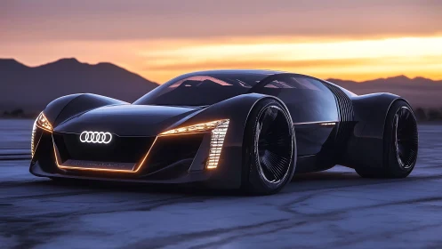 Sunset-cloaked Audi hypercar glides across electric horizon.