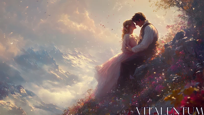 Romantic Embrace Against Alpine Landscape with Flowering Vines.