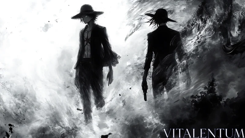Twin gunmen stride through stormy monochrome chaos