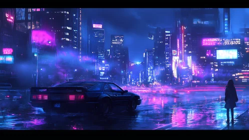 Neon lit rainy cyberpunk street with car and lone figure.
