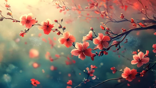 Red Cherry Blossoms Against Hazy Blue-Green Sky.