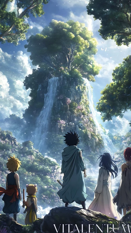 Fantasy adventurers facing colossal waterfall tree sanctuary.