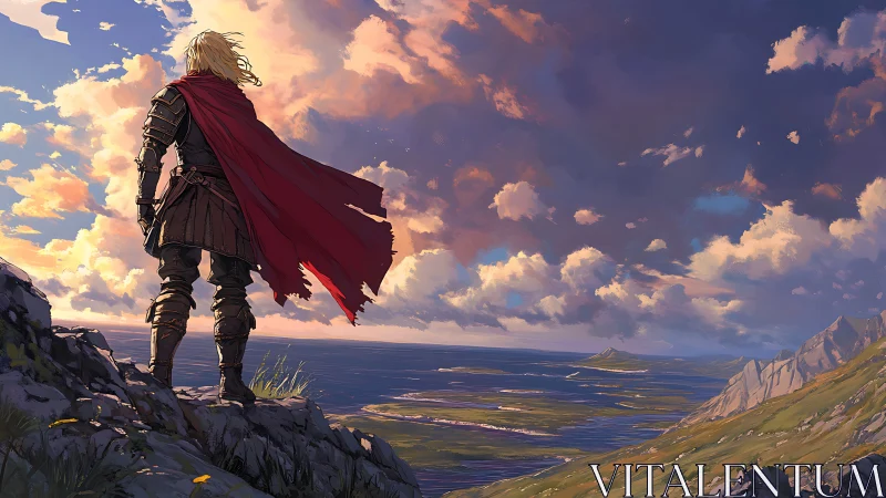 Armored wanderer overlooking windswept coastal archipelago at dusk