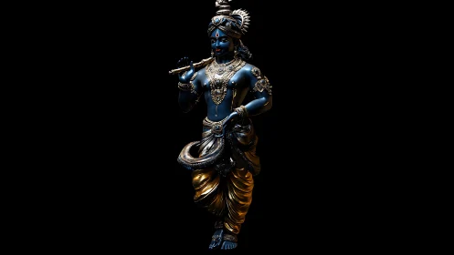Dark-toned flute player statue with ornate metallic adornments.