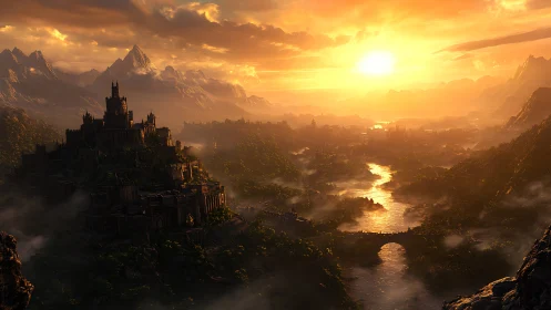 Mountain fortress and river valley under sunset light.