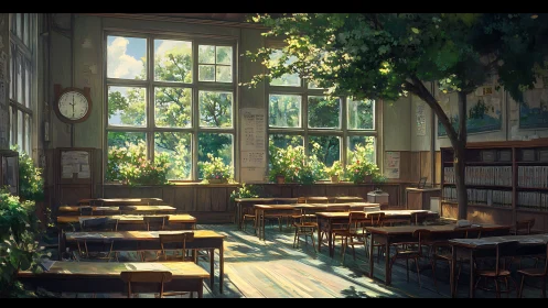 Sunlit botanical classroom interior, anime environmental study.