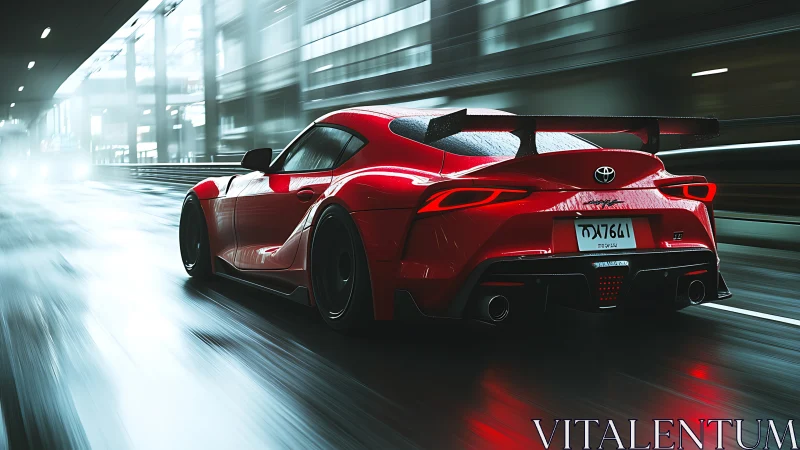 Midnight red sports car slicing through rainy city streets.