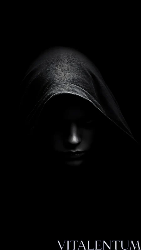 Low‑key hooded portrait with dramatic chiaroscuro lighting.