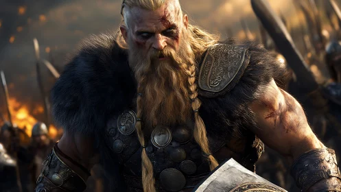 Battle-scarred viking warrior standing strong in the firelit dusk.