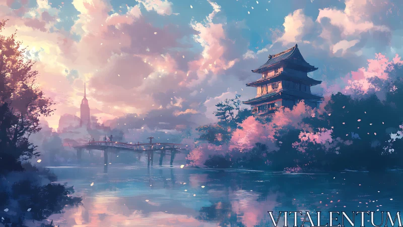 Layered sunset landscape renders pagoda, bridge and petals in bloom