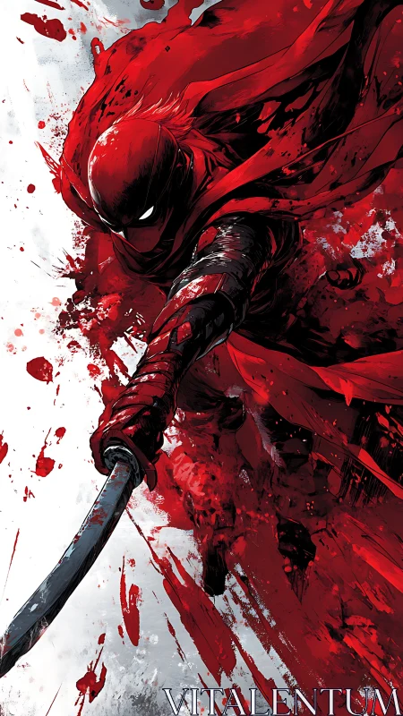 Scarlet blade in mid-leap across a storm of crimson paint.