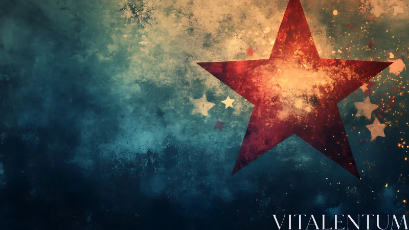 Radiant red star bursting through textured night sky.