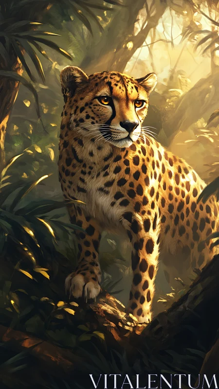 Spotted cheetah stands on mossy log under dappled jungle light