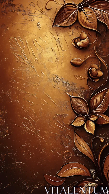 Bronze floral relief curls along textured metallic field.