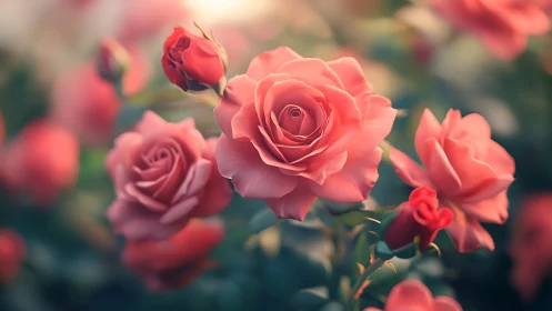 Garden roses in soft focus bloom with warm coral tones.