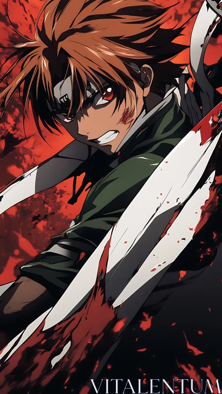 Kinetic anime swordsman in blood-splattered combat vector scene.