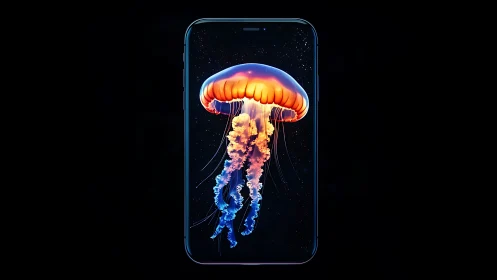 Photorealistic neon jellyfish display within smartphone frame.