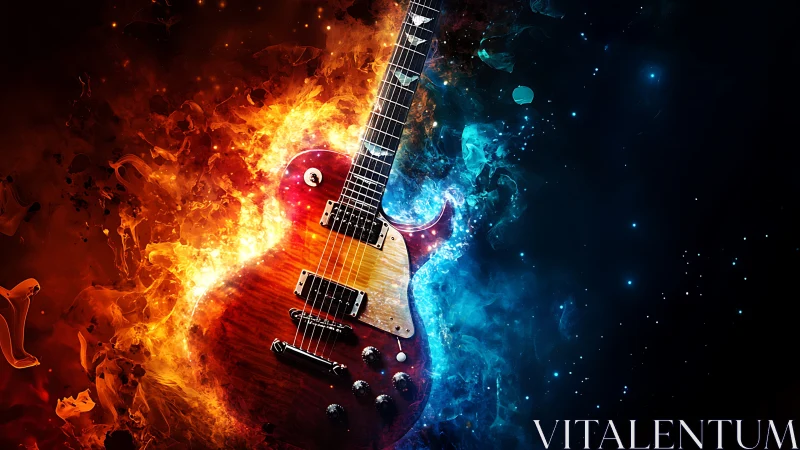 Electric guitar with contrasting fire and ice abstract backdrop.