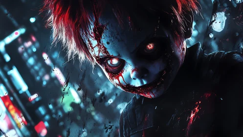 Bloody demonic child with glowing eyes in neon city.
