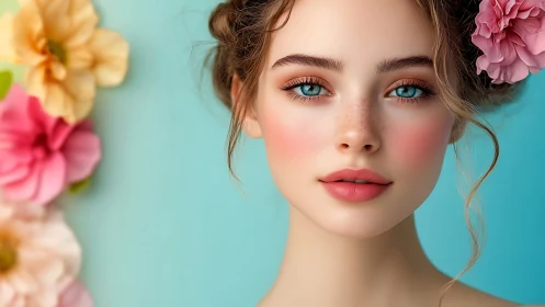 Digital portrait of blue eyed woman with pastel flowers.