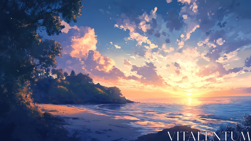 Littoral sunset study with volumetric clouds and specular sea light.