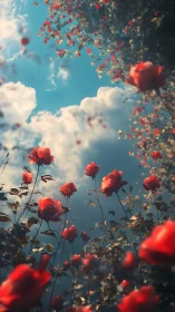 Red roses float against blue sky with white clouds and dispersing petals