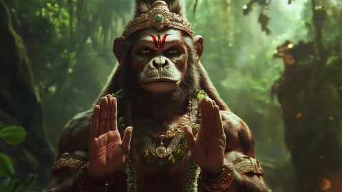 Divine monkey warrior raises blessing hands in misty jungle