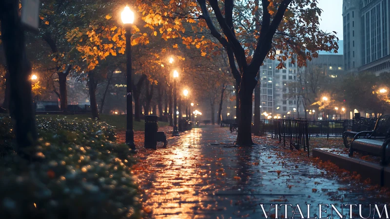 Rainlit autumn promenade where city lamplights whisper softly.
