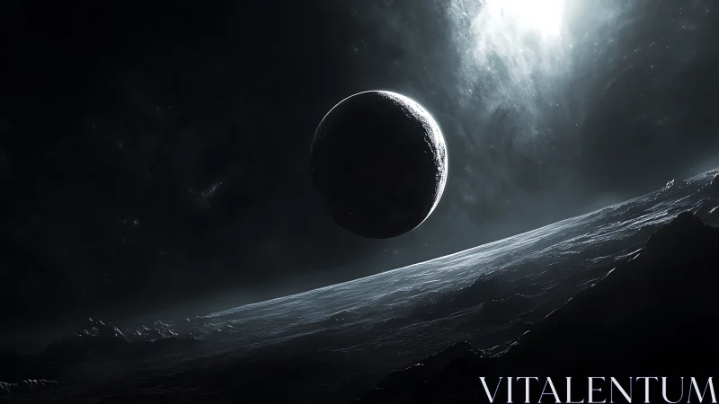 Silent crescent planet above stark icy horizon in void.